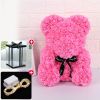 Wedding Decoration Rose Bear Artificial Flower With Box and Light Rose Teddy Bear For Women Valentines Girlfriend Birthday Gifts - 25CM-Dark Pink - Ch