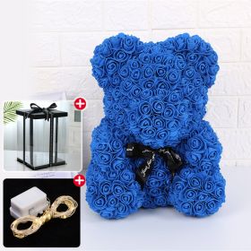 Wedding Decoration Rose Bear Artificial Flower With Box and Light Rose Teddy Bear For Women Valentines Girlfriend Birthday Gifts - 25CM-Navy Blue - Ch