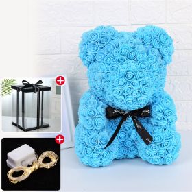 Wedding Decoration Rose Bear Artificial Flower With Box and Light Rose Teddy Bear For Women Valentines Girlfriend Birthday Gifts - 25CM-Sky Blue - Chi