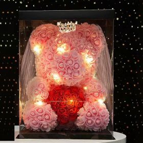 Wedding Decoration Rose Bear Artificial Flower With Box and Light Rose Teddy Bear For Women Valentines Girlfriend Birthday Gifts - 40CM-Crown Veil7 -