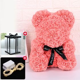 Wedding Decoration Rose Bear Artificial Flower With Box and Light Rose Teddy Bear For Women Valentines Girlfriend Birthday Gifts - 25CM-Flesh Pink - C