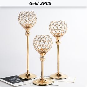 Crystal Candle Holder Pillar Gold/Silver Metal Tealight Candlestick Wedding Table Centerpiece Party Christmas Home Desktop Decor - Gold 3PCS - CN