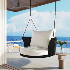 33.8' Single Person Hanging Seat; Rattan Woven Swing Chair; Porch Swing With Ropes - Black White