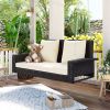 2-Person Wicker Hanging Porch Swing with Chains; Cushion; Pillow; Rattan Swing Bench for Garden; Backyard; Pond. (Brown Wicker; Beige Cushion) - Brown