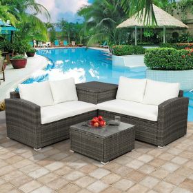 4 PCS Outdoor Cushioned PE Rattan Wicker Sectional Sofa Set Garden Patio Furniture Set (Beige Cushion) - Beige