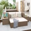 Outdoor 6-Piece Garden Furniture Set; PE Wicker Rattan Sectional Sofa Set with 2 Tea Tables; Brown Wicker+Beige Cushion - Beige+Brown