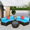 4-Piece Patio Furniture Sets; Outdoor Half-Moon Sectional Furniture Wicker Sofa Set with Two Pillows and Coffee Table; Blue Cushions+Brown Wicker - Bl