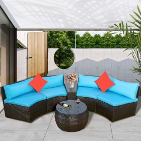 4-Piece Patio Furniture Sets; Outdoor Half-Moon Sectional Furniture Wicker Sofa Set with Two Pillows and Coffee Table; Blue Cushions+Brown Wicker - Bl