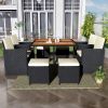 Patio All-Weather PE Wicker Dining Table Set with Wood Tabletop for 8; Black Rattan+Beige Cushion (9-Piece) - Black