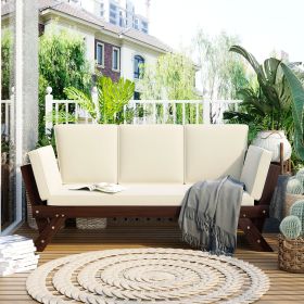 Outdoor Adjustable Patio Wooden Daybed Sofa Chaise Lounge with Cushions for Small Places; Brown Finish+Beige Cushion - Beige