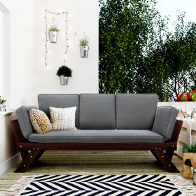 Outdoor Adjustable Patio Wooden Daybed Sofa Chaise Lounge with Cushions for Small Places; Brown Finish+Beige Cushion - Gray