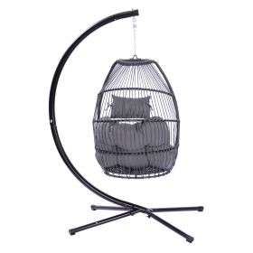 Outdoor Patio Wicker Folding Hanging Chair; Rattan Swing Hammock Egg Chair With C Type Bracket; With Cushion And Pillow - Gray