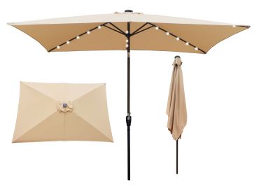 10 x 6.5t Rectangular Patio Solar LED Lighted Outdoor Market Umbrella with Crank and Push Button Tilt for Garden Shade Swimming Pool Light Brown RT -