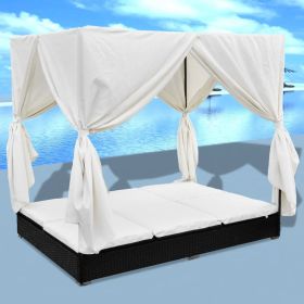 vidaXL Patio Lounge Bed with Curtains Poly Rattan Black - Black