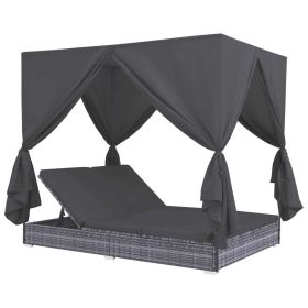 vidaXL Patio Lounge Bed with Curtains Poly Rattan Gray - Grey