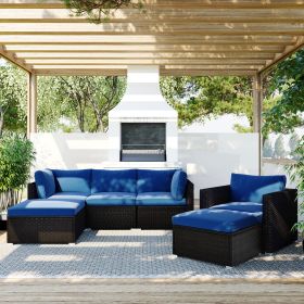 6PCS Outdoor Patio Sectional All Weather PE Wicker Rattan Sofa Set with Glass Table; Blue Cushion+ Brown Wicker - Rattan - Blue