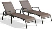 Patio Outdoor Chaise Lounge Chairs;  Folding Sling Reclining Chaise Lounger Chair Fit Beach Yard Pool Patio with 5 Adjustable Positions;  Brown Frame