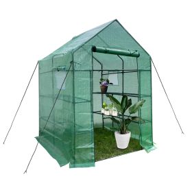 Green House 56" W x 56" D x 76" H,Walk in Outdoor Plant Gardening Greenhouse 2 Tiers 8 Shelves - Window and Anchors Include(Green)-dk - 56" W x 56" D