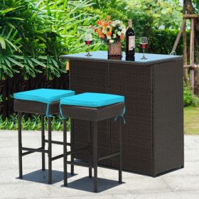 3 Pieces Patio Rattan Wicker Bar Table Stools Dining Set - Turquoise