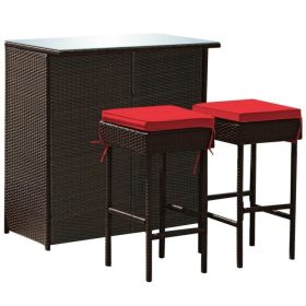 3 Pieces Patio Rattan Wicker Bar Table Stools Dining Set - Red