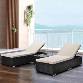 Outdoor Garden 3 Piece Wicker Patio Chaise Lounge Set Adjustable PE Rattan Reclining Chairs with Cushions and Side Table. - Brown