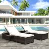 Outdoor PE Wicker Chaise Lounge - 2 Piece Patio Brown Rattan Reclining Chair Furniture Set Beach Pool Adjustable Backrest Recliners with Side Table an