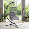 Outdoor Patio Wicker Folding Hanging Chair; Rattan Swing Hammock Egg Chair With C Type Bracket; With Cushion And Pillow - Gray