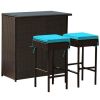 3 Pieces Patio Rattan Wicker Bar Table Stools Dining Set - Turquoise