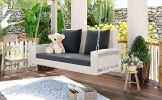 2-Person Wicker Hanging Porch Swing with Chains;  Cushion;  Pillow;  Rattan Swing Bench for Garden;  Backyard;  Pond. - White