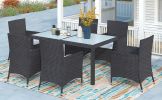 7-piece Outdoor Wicker Dining set - Dining table set for 7 - Patio Rattan Furniture Set with Beige Cushion - Black