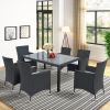 7-piece Outdoor Wicker Dining set - Dining table set for 7 - Patio Rattan Furniture Set with Beige Cushion (Black) - Black