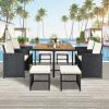 Patio All-Weather PE Wicker Dining Table Set with Wood Tabletop for 8; Black Rattan+Beige Cushion (9-Piece) - Black