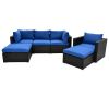 6PCS Outdoor Patio Sectional All Weather PE Wicker Rattan Sofa Set with Glass Table; Blue Cushion+ Brown Wicker - Rattan - Blue