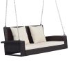 2-Person Wicker Hanging Porch Swing with Chains;  Cushion;  Pillow;  Rattan Swing Bench for Garden;  Backyard;  Pond. - Brown