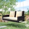 2-Person Wicker Hanging Porch Swing with Chains; Cushion; Pillow; Rattan Swing Bench for Garden; Backyard; Pond. (Brown Wicker; Beige Cushion) - Brown