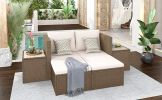 Outdoor 6-Piece Garden Furniture Set; PE Wicker Rattan Sectional Sofa Set with 2 Tea Tables; Brown Wicker+Beige Cushion - Beige+Brown