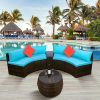 4-Piece Patio Furniture Sets; Outdoor Half-Moon Sectional Furniture Wicker Sofa Set with Two Pillows and Coffee Table; Blue Cushions+Brown Wicker - Bl