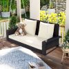 2-Person Wicker Hanging Porch Swing with Chains; Cushion; Pillow; Rattan Swing Bench for Garden; Backyard; Pond. (Brown Wicker; Beige Cushion) - Brown