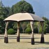 10ft W*12ft L Outdoor Double Vents Gazebo Patio Metal Canopy with Screen and LED Lights for Backyard; Poolside; Brown - Brown