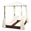 vidaXL Double Sun Lounger with Curtains Poly Rattan Brown - Brown