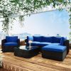 6PCS Outdoor Patio Sectional All Weather PE Wicker Rattan Sofa Set with Glass Table; Blue Cushion+ Brown Wicker - Rattan - Blue