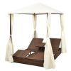 vidaXL Double Sun Lounger with Curtains Poly Rattan Brown - Brown