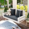 2-Person Wicker Hanging Porch Swing with Chains; Cushion; Pillow; Rattan Swing Bench for Garden; Backyard; Pond. (Brown Wicker; Beige Cushion) - White