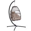 Outdoor Patio Wicker Folding Hanging Chair,Rattan Swing Hammock Egg Chair With C Type Bracket , With Cushion And Pillow - beige brown