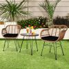 Oshion 3 pcs Wicker Rattan Patio Conversation Set with Tempered Glass Table Flaxen Yellow - as pic